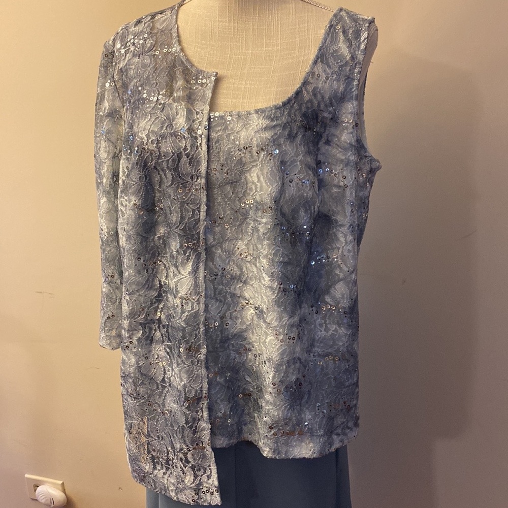 Alex Evenings women’s 3 pcs midi length lace / sequins gray skirt set size 1X - Picture 4 of 16